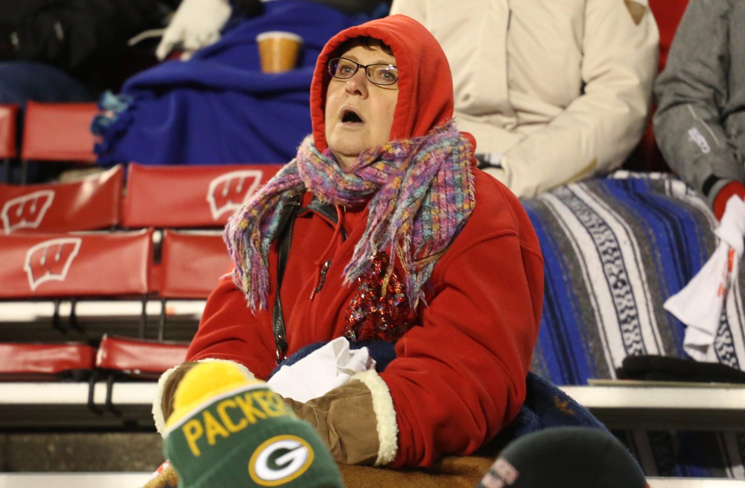 A Spencer/Columbus fan reacts as the Rockets lost to Amherst 42-0 in the WIAA Division 5 State Championship Game at Camp Randall Stadium in Madison, Thursday, Nov. 19, 2015.