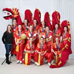 Gold Entertainment Team — "Chinese Dragon Dance" — Coached by Alysia Seliger, placed first out of four teams — Back row, left to right: Timothy Zupanc, Cassandra Kopf, Maddy Rogers, Jenna Schneider — Middle row: Coach Alysia Seliger, Katie Leick, Ashley Cherney, Claire Schecklman, Caitlyn Christensen, Mariah Nelles — Kneeling: Laurel Siegel, Jenna Asplin, Hanah Gadke. (Paul Tishim photo)