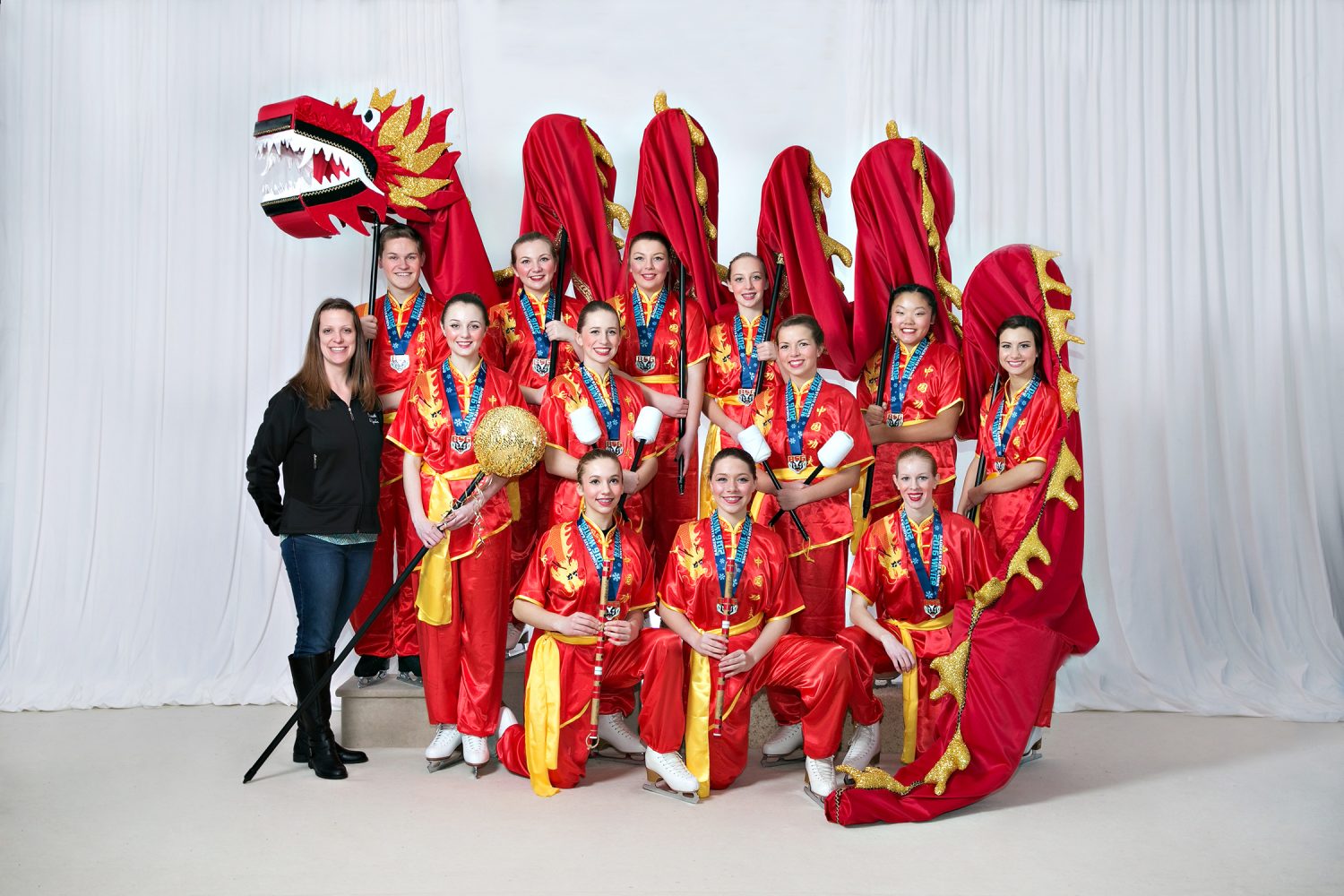 Gold Entertainment Team — "Chinese Dragon Dance" — Coached by Alysia Seliger, placed first out of four teams — Back row, left to right: Timothy Zupanc, Cassandra Kopf, Maddy Rogers, Jenna Schneider — Middle row: Coach Alysia Seliger, Katie Leick, Ashley Cherney, Claire Schecklman, Caitlyn Christensen, Mariah Nelles — Kneeling: Laurel Siegel, Jenna Asplin, Hanah Gadke. (Paul Tishim photo)