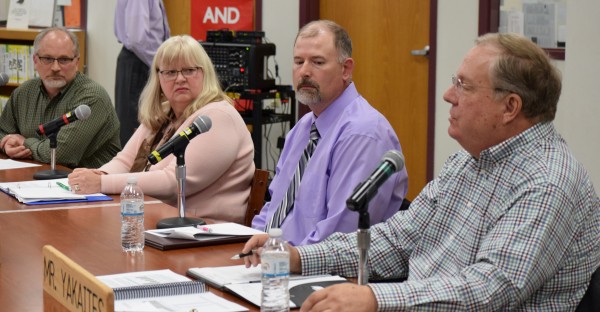 The candidates for Marshfield School Board participated in a forum hosted at Marshfield High School on Tuesday night. The recently approved iPad initiative was a central topic of debate. From left: Mark Critelli, Amber Leifheit, Dan Wald, and Dale Yakaites.