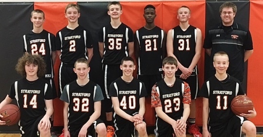 The Stratford eighth grade boys basketball team finished second at the 2016 Wisconsin State Invitational Championship Tournament last weekend in Stevens Point. Front row, left to right: Tyler Lappe, Isaac Thompson, James Heeg, Justin Radke, and Chandler Schmidt. Back row: Dawson Danen, Ben Barten, Vaughn Breit, Teddy Redman, Jaykob Mikelson, and coach Eric Custer.