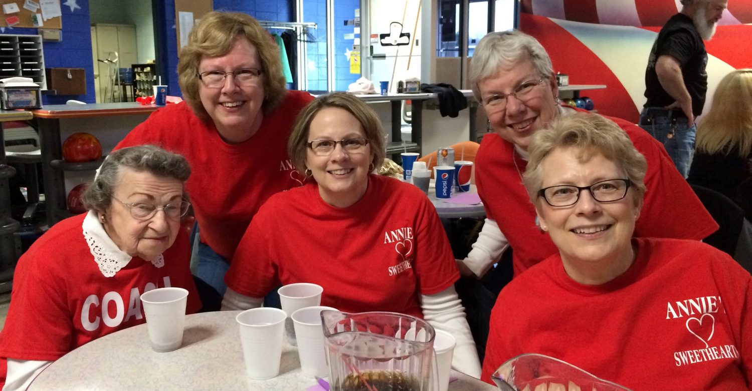 Pictured is the Striking Out Domestic Violence event's top fundraising team: Annie’s Sweethearts. Members are Millie Marty, Rita Hanneman, Sara Henrichs, Kathleen Scheuer, and Nancy Earll.
