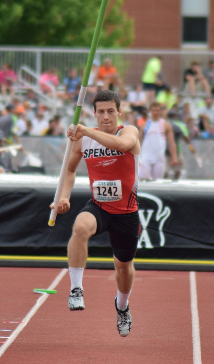 Spencer pole vaulter Noah Zastrow was the first local athlete to medal at the 2016 WIAA State Track & Championships at the University of Wisconsin La Crosse. His best vault Friday was 14 feet 6 inches, which was good for second.
