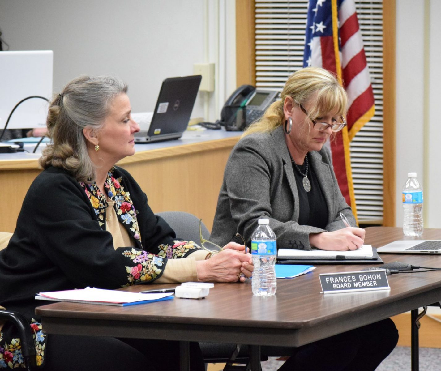 Cuts to the district’s operations would be significant if a referendum is not approved. The school board also faces the issue of how to fund potential athletic facility improvements. Shown are board members Frances Bohon, left, and Dorothy Chaney.