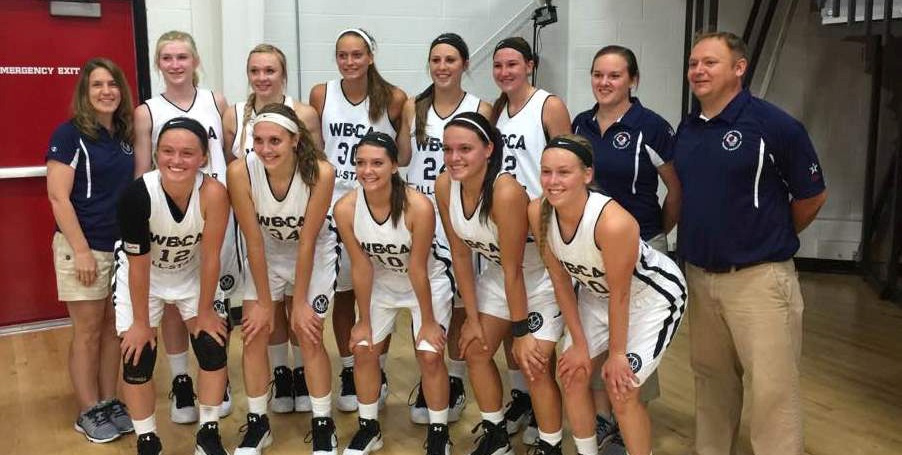 Stratford coach Tammie Christopherson, top left, was an assistant for the Division 4 North girls team at the annual Wisconsin Basketball Coaches Association Senior All-Star Games in Wisconsin Dells on June 17-18. Auburndale’s Taylor Gotz, third from left in top row, and Stratford’s Macie Frueh, third from left in bottom row, were members of the team that won 81-54.
