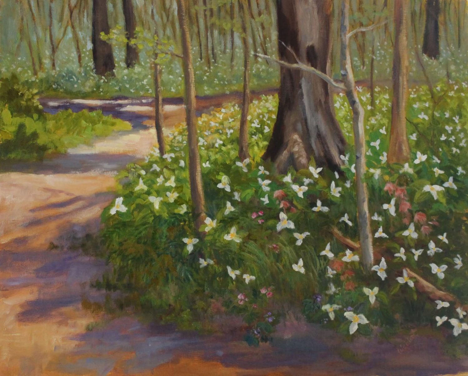 A painting titled "Trilliums at Wildwood" by Ann Waisbrot, whose work and studio will be featured in the 2016 Northwoods Art Tour.