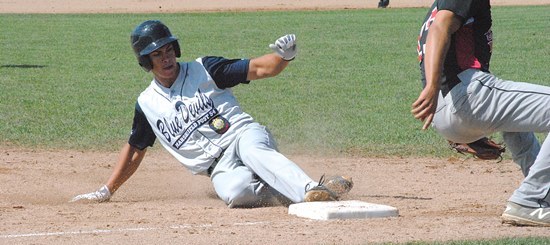 Marshfield Post 54’s Nate McDonald steals third base during the first inning of the Blue Devils’ loss to Eau Claire at the Wisconsin Class AAA State American Legion Baseball Tournament on Friday morning at Jack Hackman Field in Marshfield.