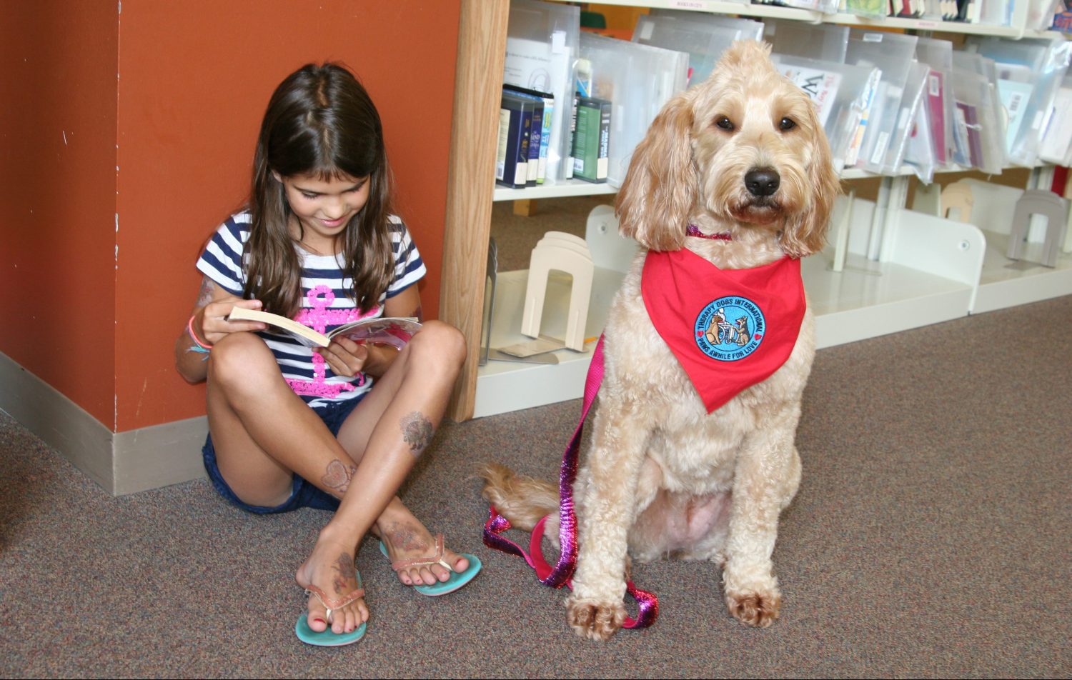 Emily Dick reads to therapy dog Bora during the Marshfield Public Librarys Tail Waggin' Tutors program on Aug. 3.