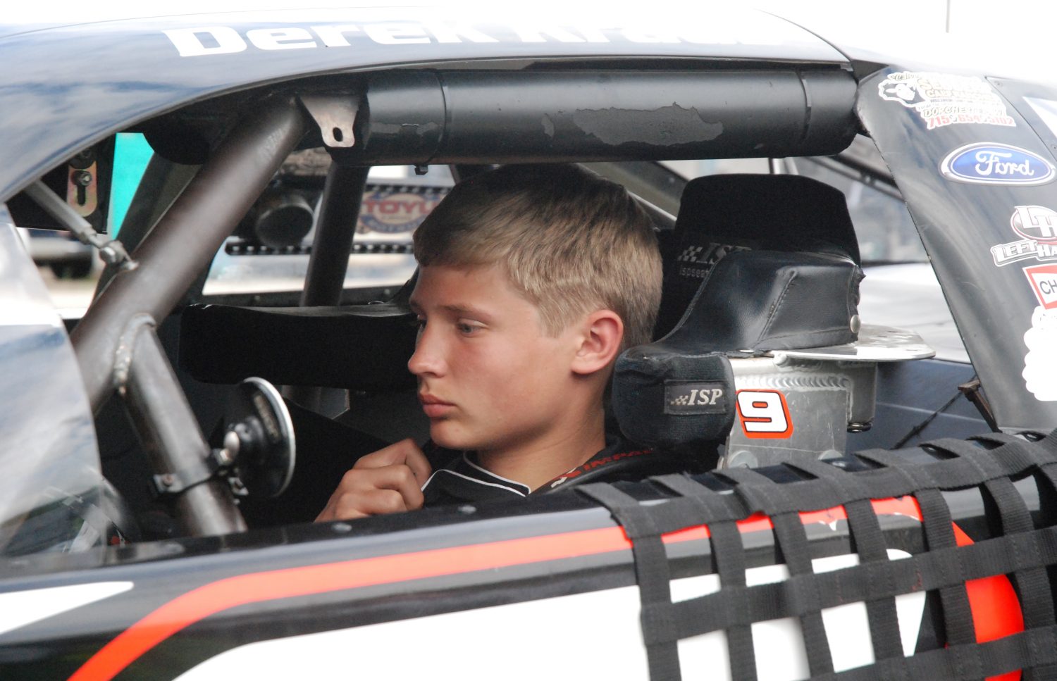 Fourteen-year-old Derek Kraus prepares for racing action at State Park Speedway earlier this year.