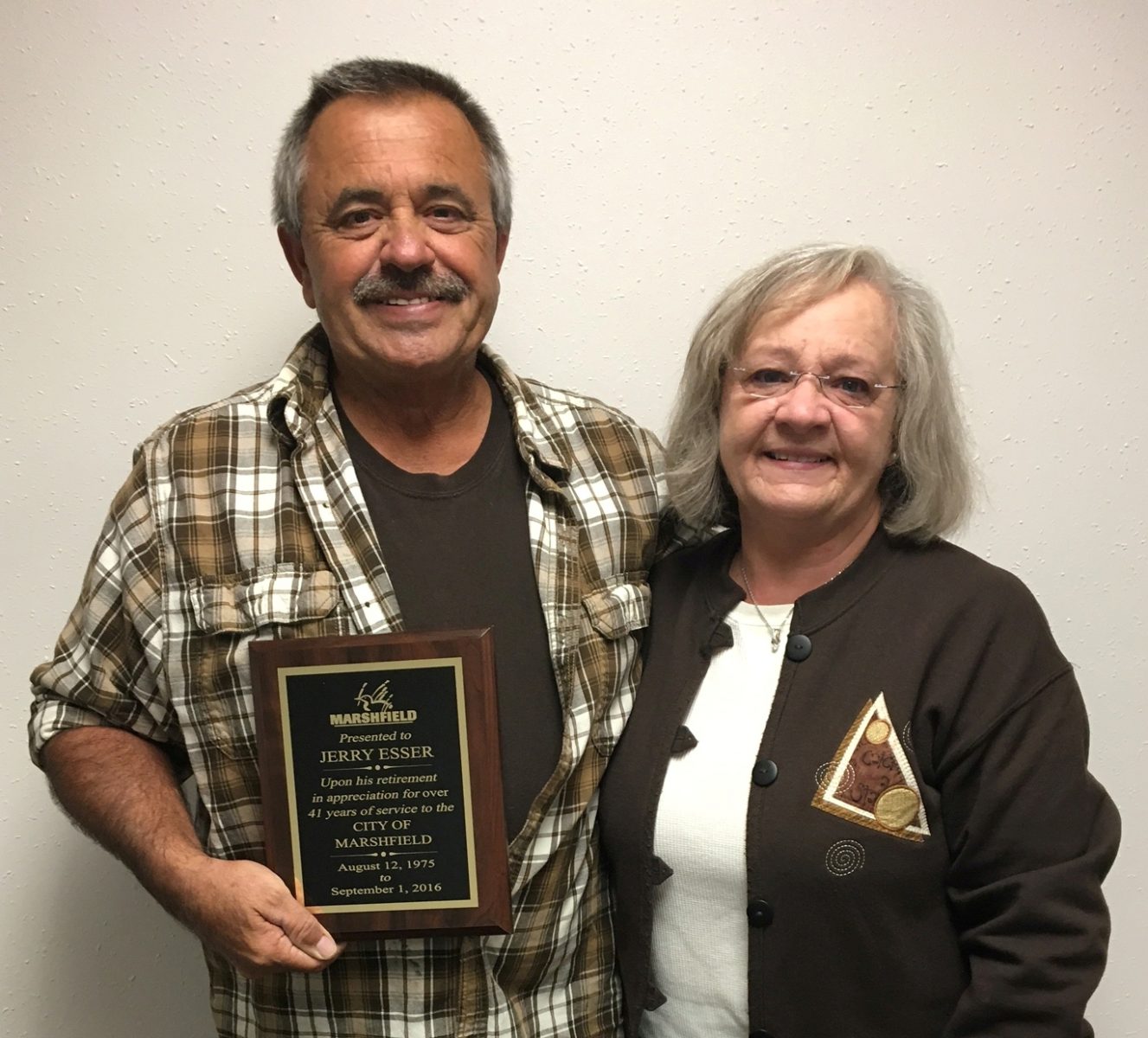 At the Sept. 13 Marshfield Common Council meeting, 41-year employee Jerry Esser was recognized for his service with the city. Esser began his employment with the street division in August 1975 and retired at the beginning of September. Pictured are Jerry and his wife, Sally.