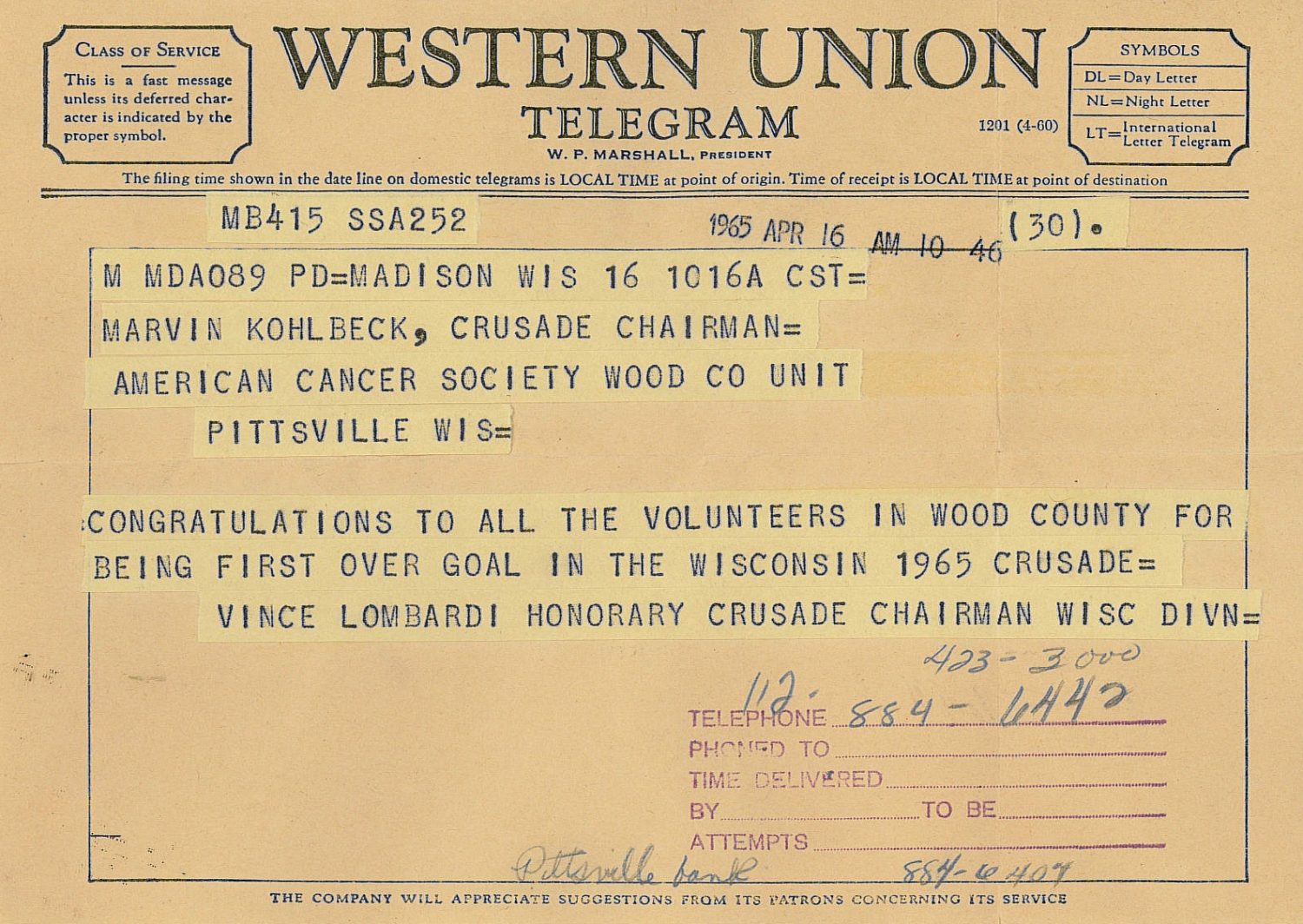 The telegram the author received from Vince Lombardi for leading the Wood County unit of the American Cancer Society to its 1965 fundraising goal.