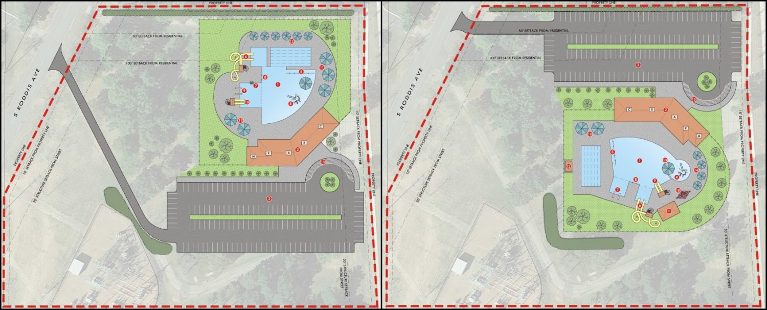 The design currently being drafted for the Marshfield Pool Study Committee regarding a possible future outdoor aquatic center is expected to be a combination of Concept 1, left, and Concept 2.