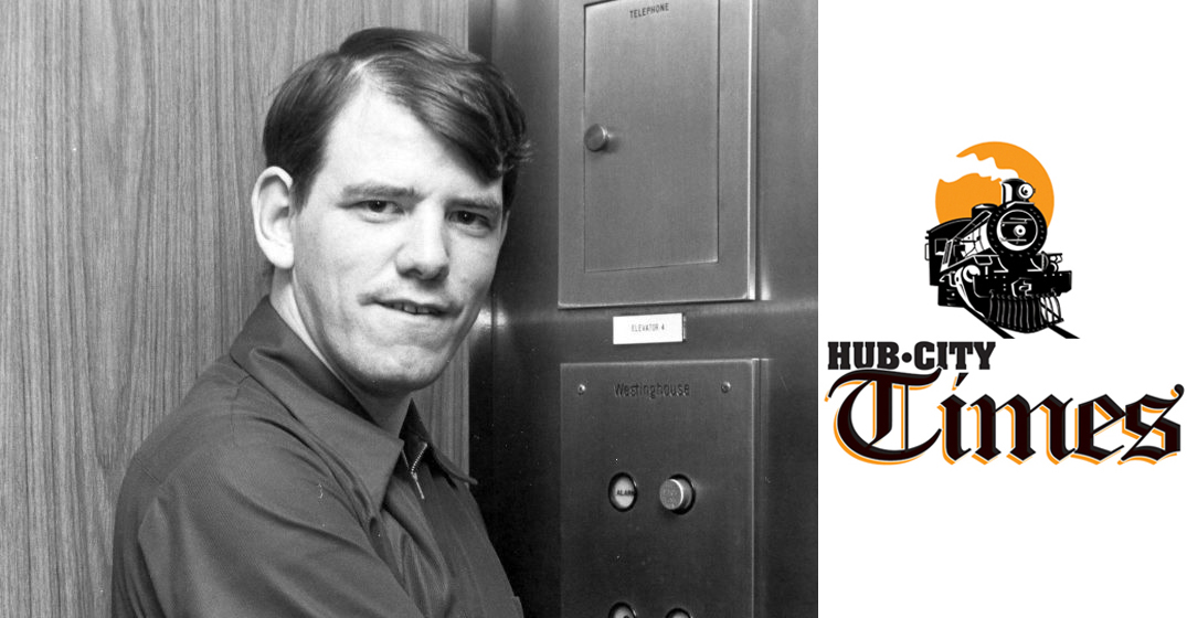 An early photo of Tom Hilber running the clinic elevator.