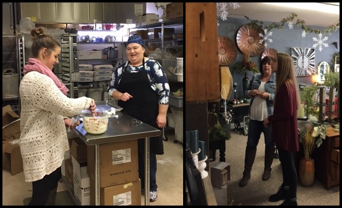Left photo: Kaitlin Barth, left, with 2½ Cups Cupcakery and Bake Shop clerk Sue Redmond. Right photo: Lindsey Tyrolt, right, with Back Porch Living owner Jen Delis.