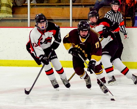 Point-Rapids-Marshfield’s Leah Gruen, left, chases down a Fond du Lac player during a girls hockey game Friday at the Marshfield Youth Ice Arena. Fond du Lac won 3-1.