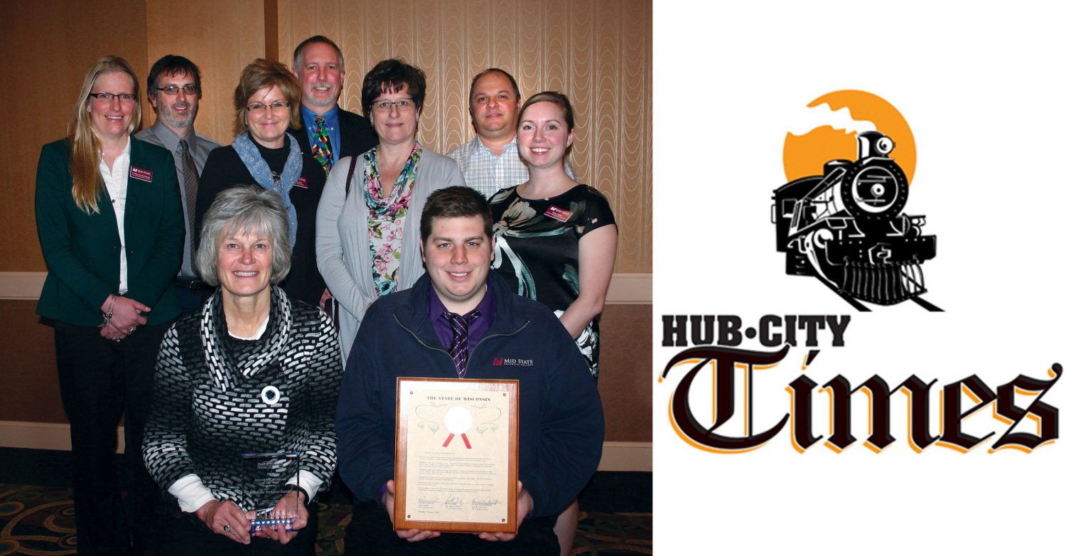 Mid-State faculty and staff received the 2016 Innovative Business of the Year award at the Heart of Wisconsin Chamber of Commerce 69th Annual Meeting and Awards ceremony Feb. 9. Front row (left to right): College President Sue Budjac, Paramedic Technician Instructor Ryan Huser. Back row (left to right): Dean of General Education & Business Programs Missy Skurzewski-Servant, Dean of Industrial & Technical Programs Al Javoroski, Dean of Service & Health Programs Barbara Jascor, Manager of Media Services Michael Grambow, Director of Foundation & Alumni Jill Steckbauer, Network Engineer Mihai Dumitrescu-Mihaly, Director of Marketing & Communications Kolina Stieber.