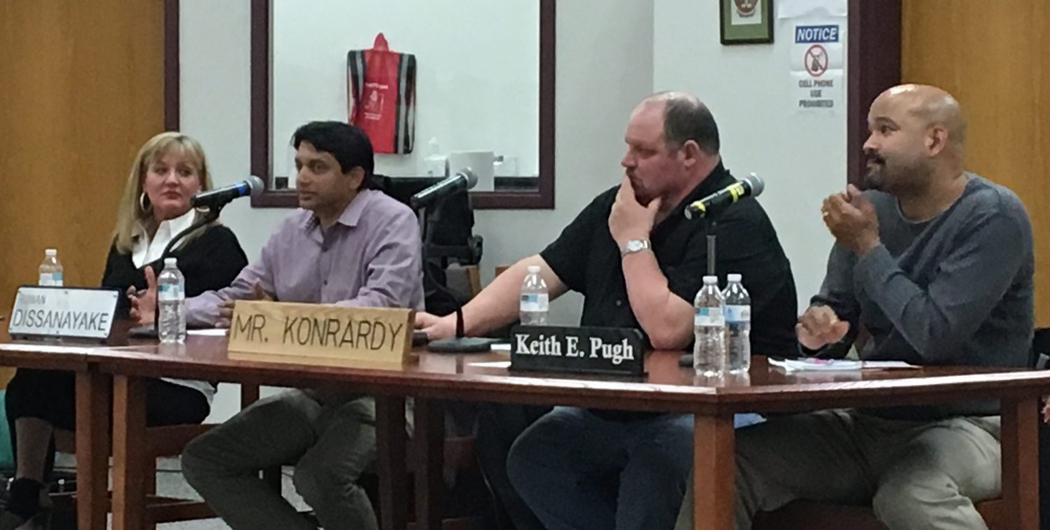From left: Marshfield School Board candidates Dorothy Chaney, Ruwan Dissanayake, Mark Konrardy, and Keith Pugh field questions during the Marshfield High School student council-sponsored listening session March 29.