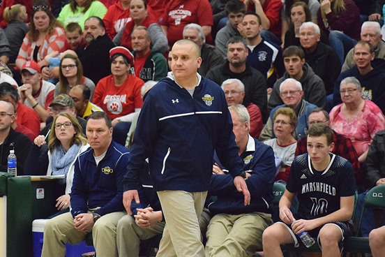 Marshfield Columbus Catholic boys basketball coach Joe Konieczny at the WIAA Division 5 sectional final March 11 at D.C. Everest High School.