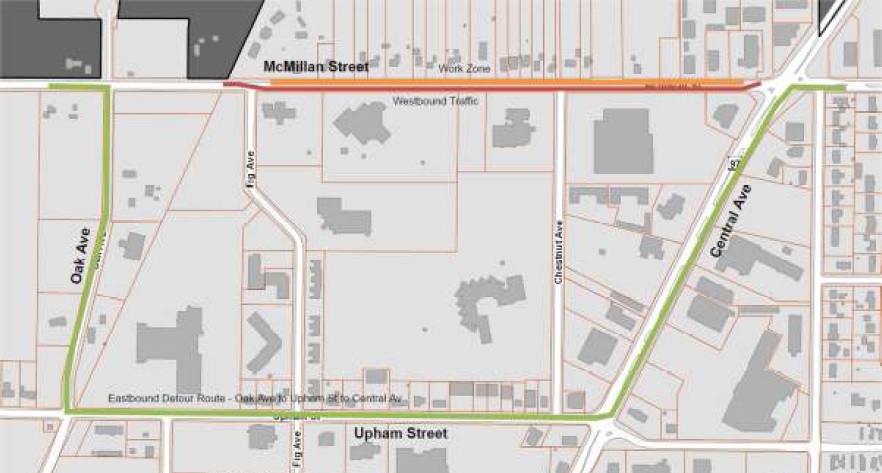 The north lane of McMillan Street between Fig and Central Avenues will be closed to enable a water main rehabilitation project. A detour will be posted.