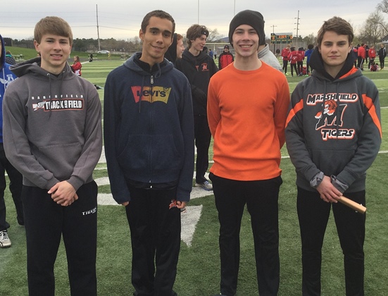 From left: The Marshfield boys 3,200 relay team of Paul Fischer, Nathanial Phillips, Alex Wehrman, and Addison Hill won the race at the 2017 Wisconsin Valley Conference Track Relays on May 2 at D.C. Everest High School.