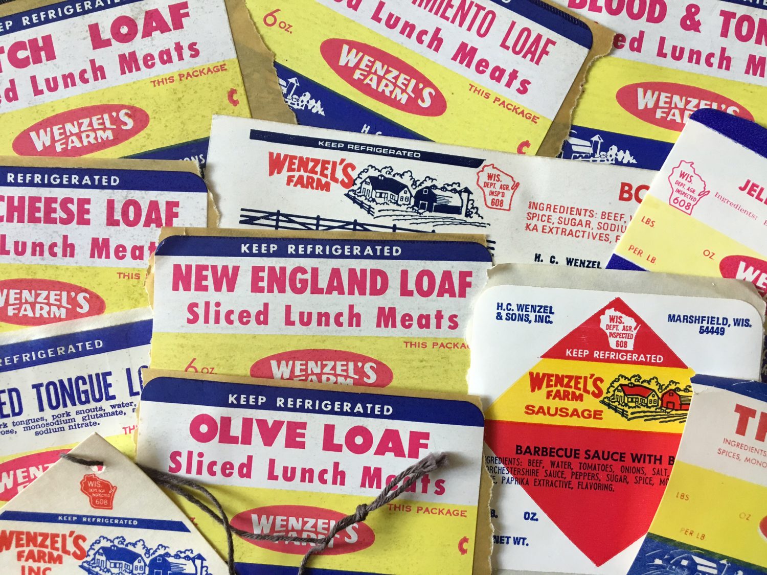 Wenzel's Farm products have greatly changed through the years. Pictured are a few labels from sausage items that have come and gone.