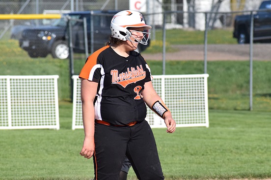 Marshfield’s Kaitlyn Konrardy reacts after hitting a double during the Tigers’ loss to D.C. Everest on Thursday at the Marshfield Fairgrounds.