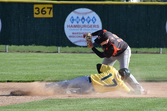 Mashfield second baseman Ryan Krueger tags out D.C. Everest’s Sam Nielsen trying to steal second base during the Wisconsin Valley Conference baseball game Tuesday at Jack Hackman Field. Everest won 2-0.
