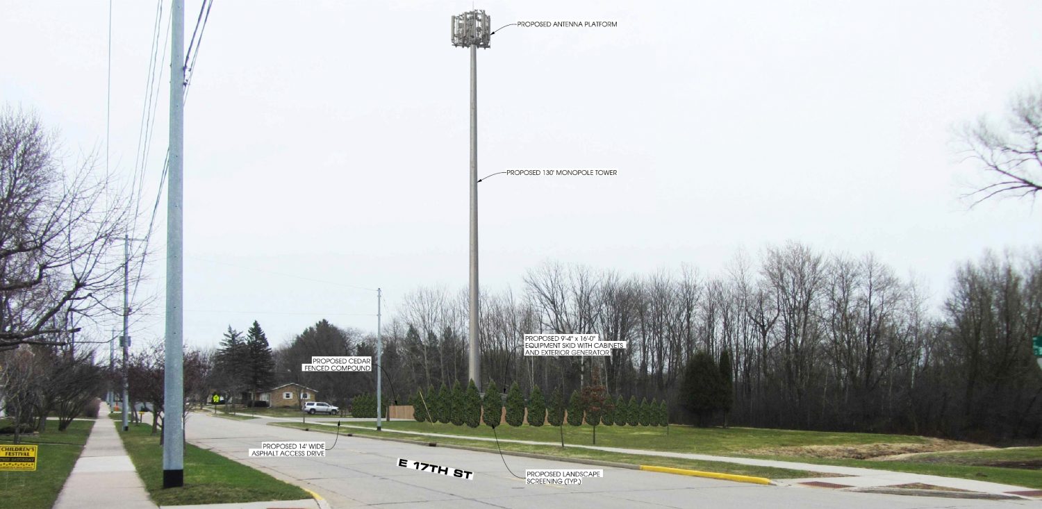 Simulated photo showing the proposed telecommunications tower on city-owned green space near the corner of 17th Street and Butternut Parkway.
