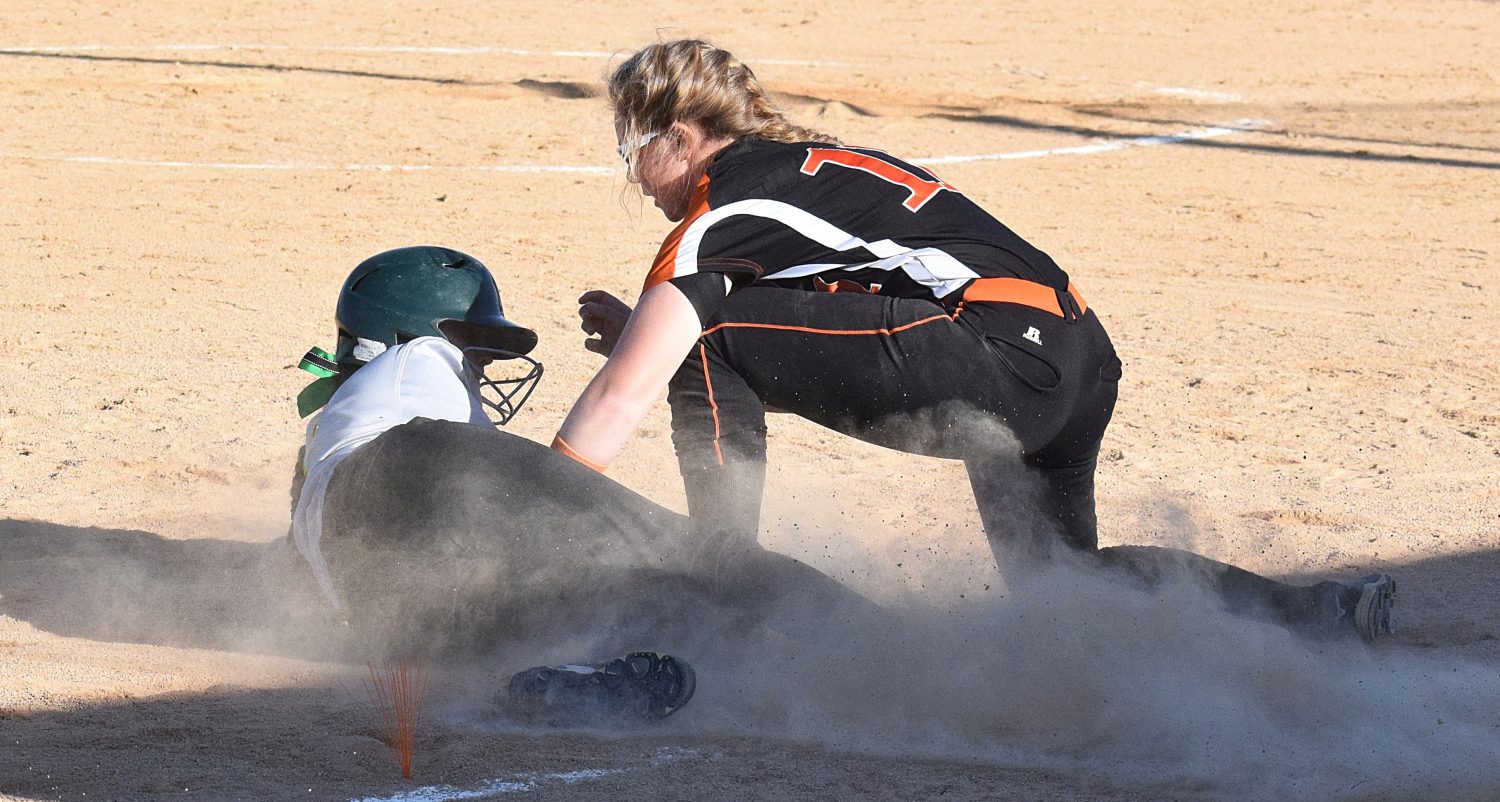 Marshfield third baseman Melissa Roberts tags out a D.C. Everest runner during the Tigers’ 5-1 loss on May 11 at the Marshfield Fairgrounds.