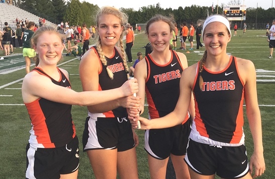 From left: The Marshfield girls 1,600-meter relay team of Madysen Bohman, Alexa Aumann, Kaydee Johnson, and Maddie Nikolai placed third at the Wisconsin Valley Conference Track & Field Meet on Tuesday at Stevens Point.