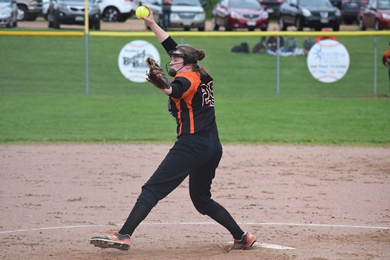 Stratford pitcher Kiana Weiler delivers to the plate during the Tigers’ softball game against Spencer on Friday at Hilgemann Field in Stratford. Weiler threw a complete-game shutout as the Tigers won 1-0.