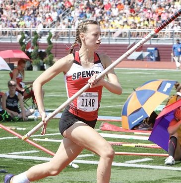 Spencer freshman Hannah Zastrow competed in the Division 3 girls pole vault Saturday at the 2017 WIAA State Track & Field Championships at UW-La Crosse. She finished ninth with a vault of 9 feet 6 inches.