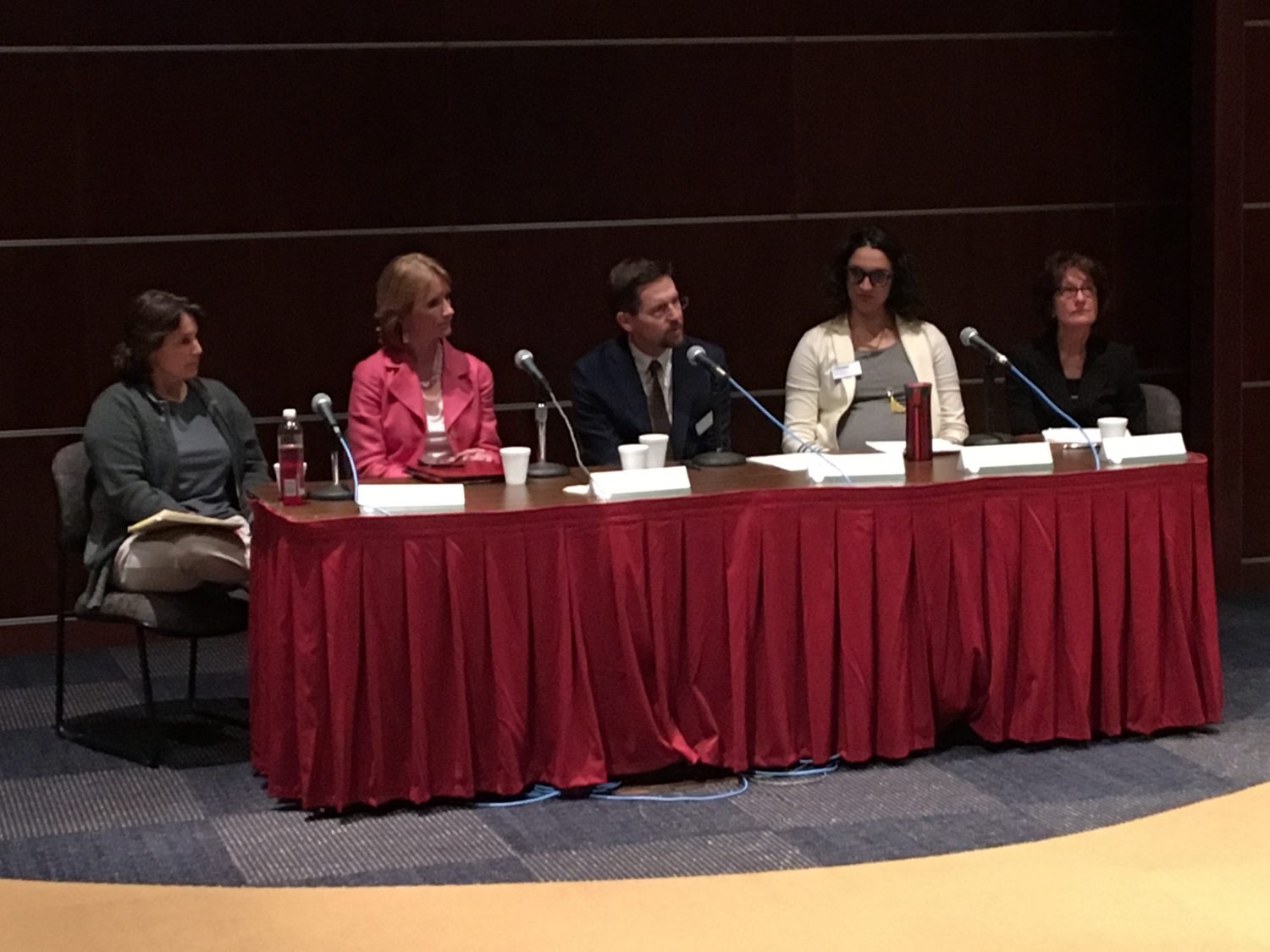 From left: Susan Schueler-Sheveland, Judee Richardson, Dr. Matthew Jansen, Amber Canto, and Patricia Thwaits take part in the UW Colleges and UW-Extension Rural Healthcare Community Roundtable hosted at the Marshfield Clinics Froehlke Auditorium on May 31.