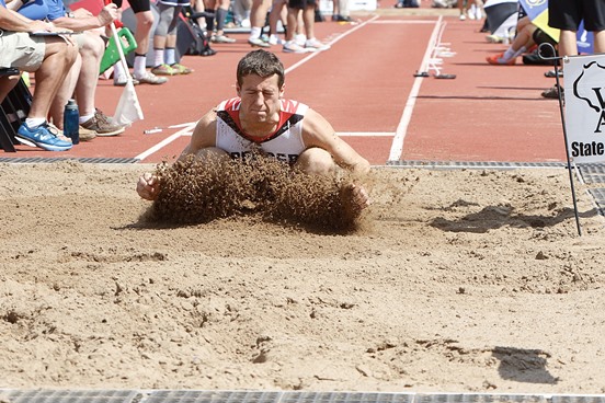 Spencer senior Noah Zastrow hits the sand after a long jump attempt Saturday at the 2017 WIAA State Track & Field Championships at UW-La Crosse. Zastrow finished fourth in the Division 3 boys event with a jump of 20 feet 11 3/4 inches.
