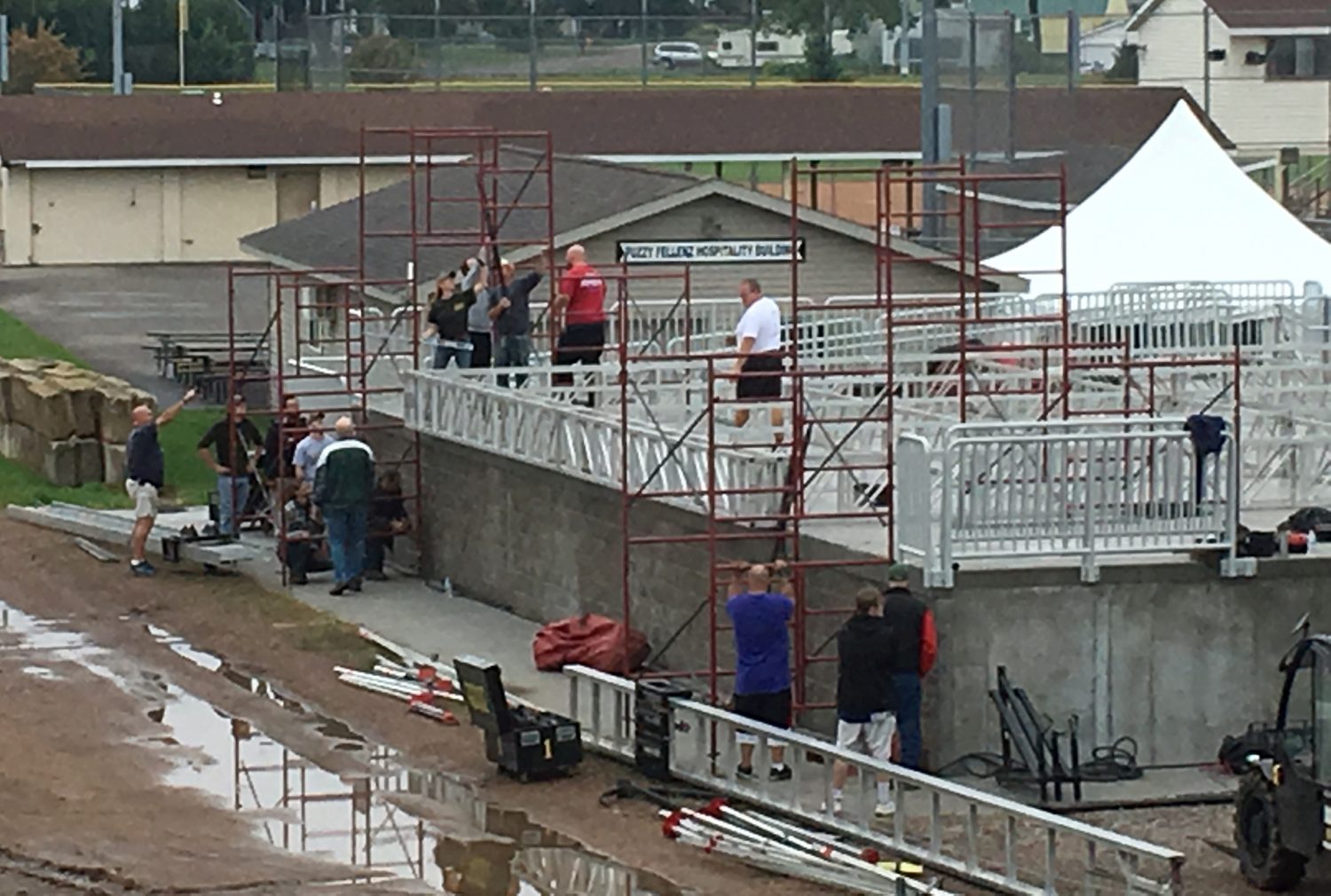 Crew raise the stage in preparation for this year’s Central Wisconsin State Fair grandstand entertainment.