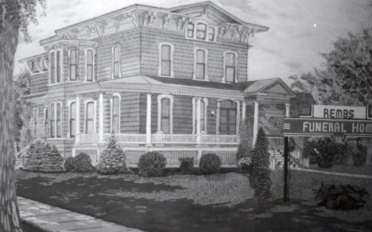 The company of Rembs, Baer, and Lange opened a state-of-the-art funeral home on the corner of Fourth Street and Chestnut Avenue following a complete remodeling of what was once the residence of Frank Upham in 1937.