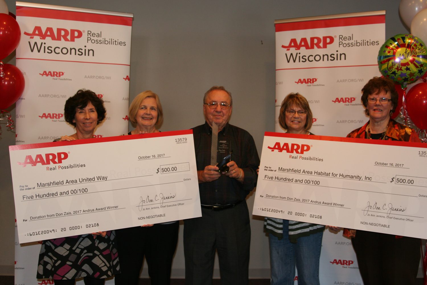 From left: Pictured during the Oct. 16 presentation of the Andrus Award for Community Service to Don Zais are Paula Jero, Marshfield Area United Way; Donna McDowell, Wisconsin AARP president; Zais; Maggie Hilgart, Marshfield Area Habitat for Humanity treasurer; and Arlene Norberg, Marshfield Area Habitat for Humanity office manager.