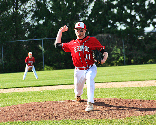 Greenwood's Tragen Bogdonovich throws out a pitch during the May 16 game.